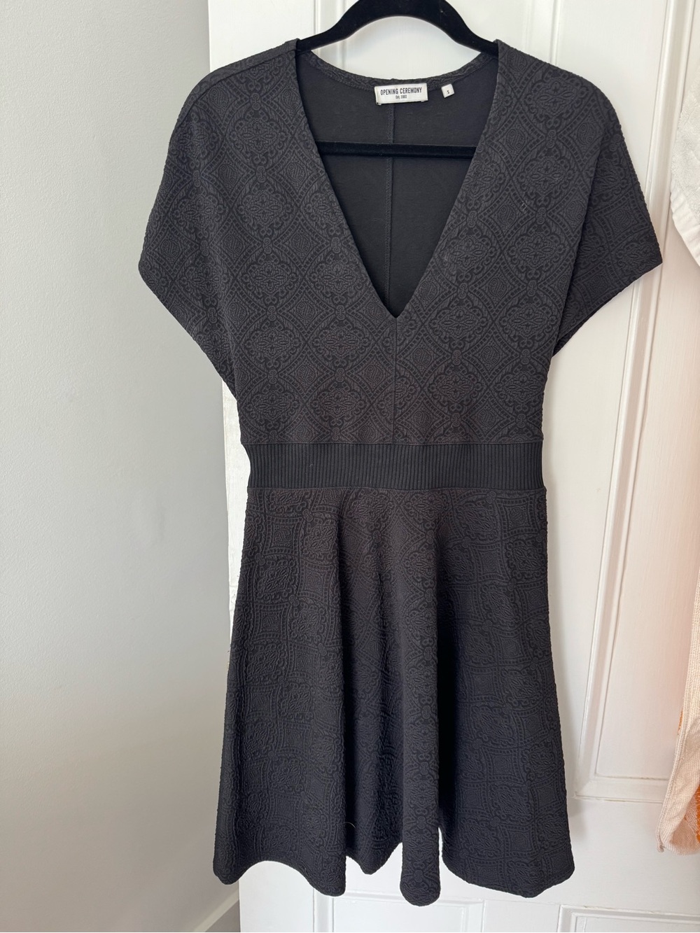Opening Ceremony Black Textured V-Neck Fit-and-Flare Mini Dress